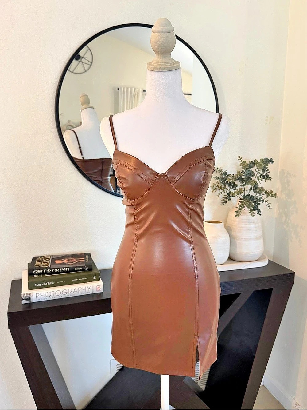 Brown Faux Leather Mini Dress